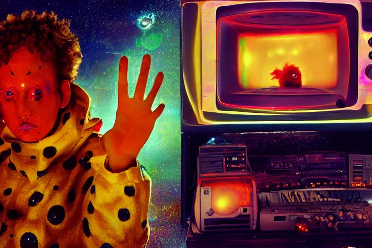 Image similar to toaster emerging from a space portal in cyberspace, fractal, in 1 7 6 7, cutecore clowncore, bathed in the glow of a crt television, alien castle in background, low - light photograph, in style of tyler mitchell