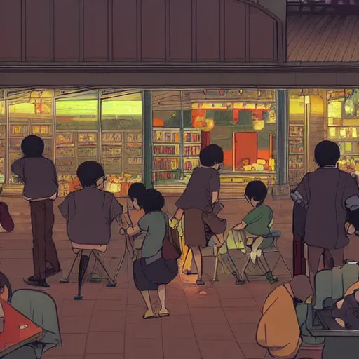 Image similar to a hawker centre at night, by satoshi kon