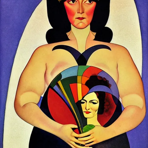 Image similar to Art in the style of Coles Phillips, Gaia, Full figured Mother Earth, portrait, Tamara De Lempicka, Kandinsky