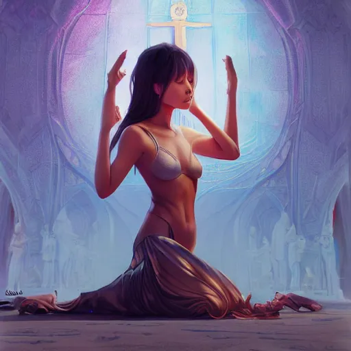 Image similar to Art station concept of a beautiful girl kneeling in front of a religious shrine, Hypnosis, Trance, symmetrical face, smooth body features, by Stanley Artgerm Lau, WLOP, Rossdraws, James Jean, Andrei Riabovitchev, Marc Simonetti, and Sakimichan, trending on artstation