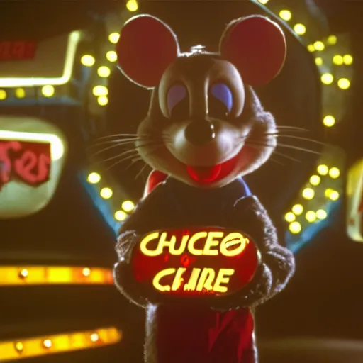 Image similar to Still of Chuck E. Cheese mouse mascot, casino interior, in the movie Blade Runner, cinematic lighting, 4k