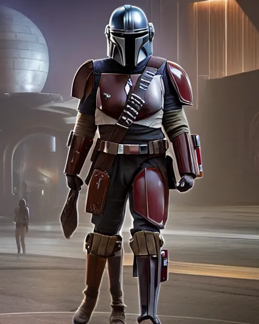 Image similar to off angle beautiful full body shot film still of the mandalorian at night in science fiction city hard surface modeling unreal redshift