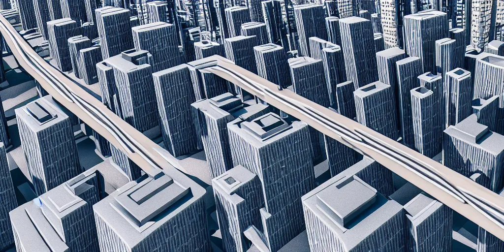 Image similar to drone view of a Brutalist architecture city with a large road through,sharp focus,telephoto lens,3D digital art 4k