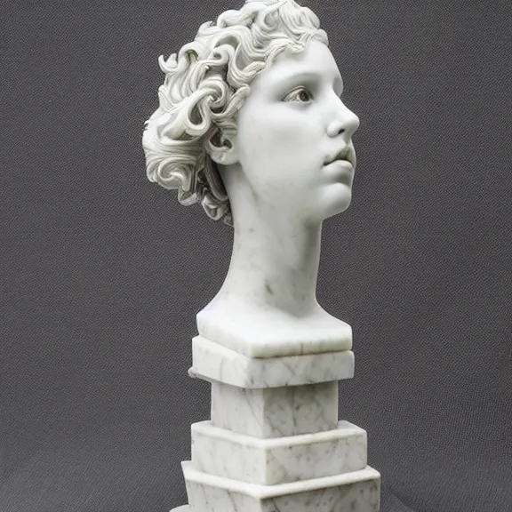 Image similar to a white art nouveau marble sculptural bust of a worried young scarlett johansson as joan of arc, with silver plate armor, delicate, intricate, smooth, beautiful, by charles van der stappen