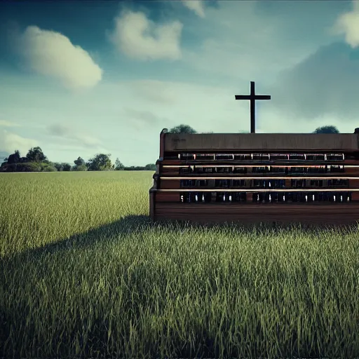 Image similar to a large church organ in a field, trending on artstation, render, 3 d, octane, 4 k, 8 k, unreal engine, cinema 4 d