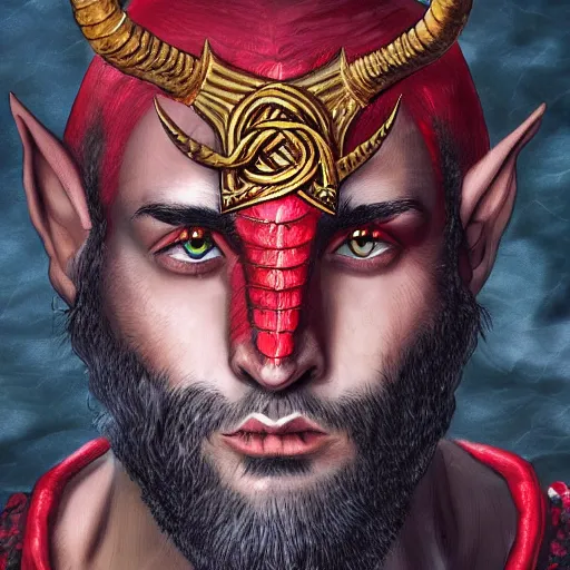 Prompt: d & d portrait of a tiefling, male, red scales, a big black beard, completely golden eyes, 2 long curved horns growing out of his forehead,