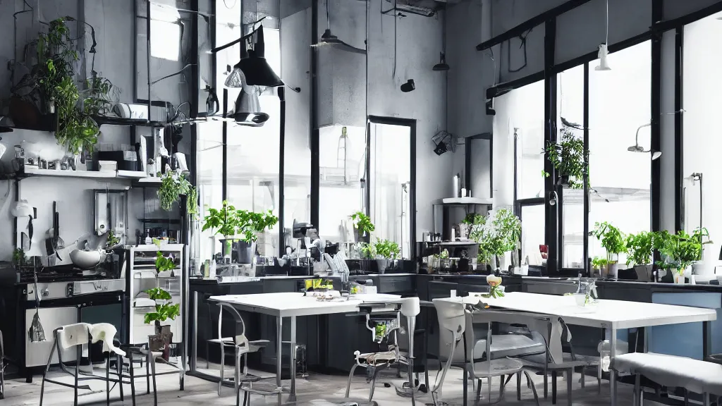 Prompt: Ikea catalogue photo, high end technological cyberpunk house style kitchen, various lush plant life, iridescent flooring, riveted steel furniture, cityscape in the window