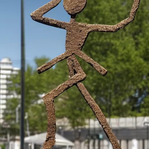 Image similar to high resolution photograph of a bronze cast stick figure sculpture in a roundabout in the style of giacometti