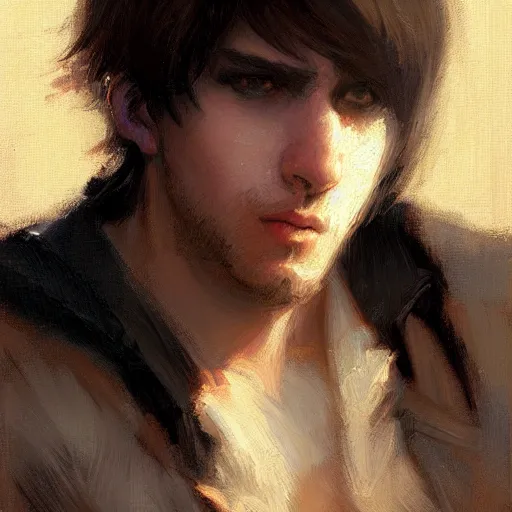 Prompt: A handsome, cute emo guy, close-up painting by Gaston Bussiere, Craig Mullins, trending on artstation, artstationHD, artstationHQ, artstation digital artwork