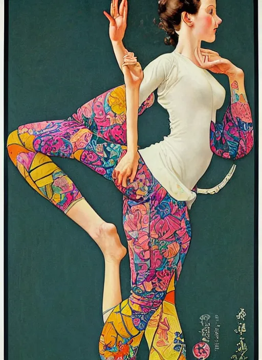 Image similar to an art nouveau painting poster of a girl doing yoga with a futuristic kimono and leggins by norman rockwell