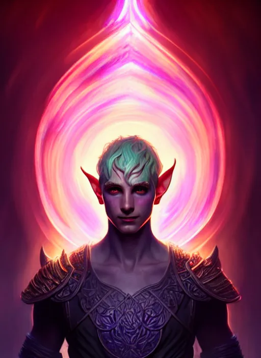 Prompt: meditative male elf rogue, dnd fantasy character portrait, glowing neon skin, magical aura, ultra realistic, intricate, elegant, highly detailed, digital painting, artstation, smooth, sharp, focus, illustration, art by artgerm and greg rutkowski and alphonse mucha