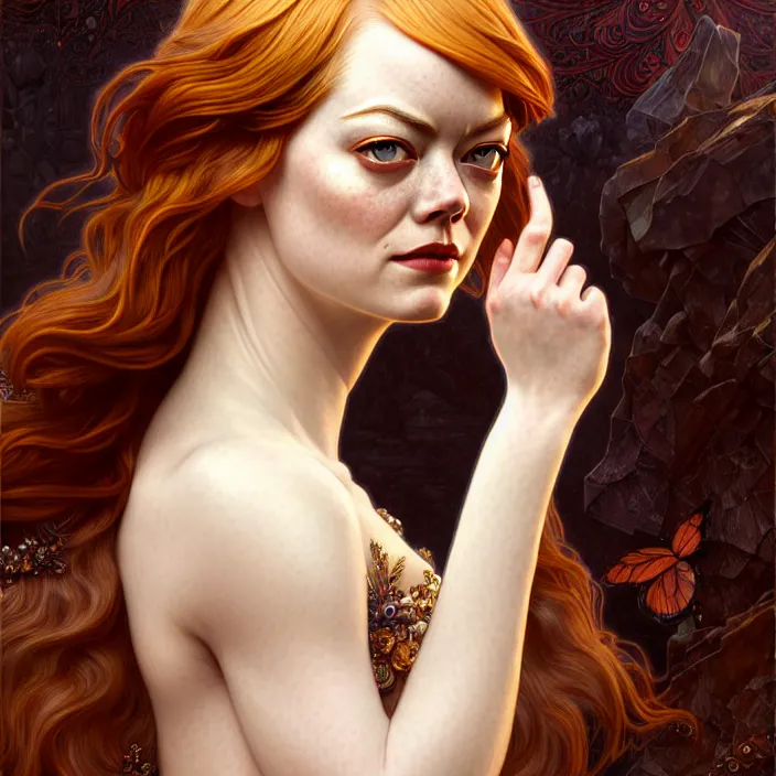 Image similar to ancient queen emma stone, symetrical, diffuse lighting, fantasy, intricate, elegant, highly detailed, lifelike, photorealistic, digital painting, artstation, illustration, concept art, 4 k, smooth, sharp focus, art by john collier and albert aublet and krenz cushart and artem demura and alphonse mucha