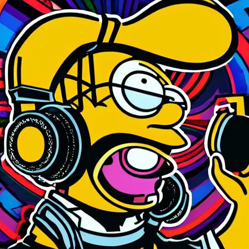 Image similar to svg sticker of a Homer-Simpson at a rave, spinning records, giant headphones rocking out, wearing headphones, huge speakers, dancing, rave, DJ, spinning records, digital art, amazing composition, rule-of-thirds, award-winning, trending on artstation, featured on deviantart