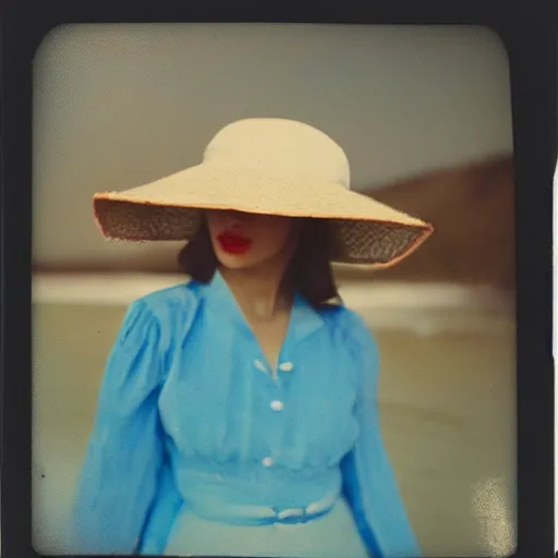 Image similar to vintage polaroid of an attractive woman with a large hat at the beach, warm azure tones, red color bleed, film grain