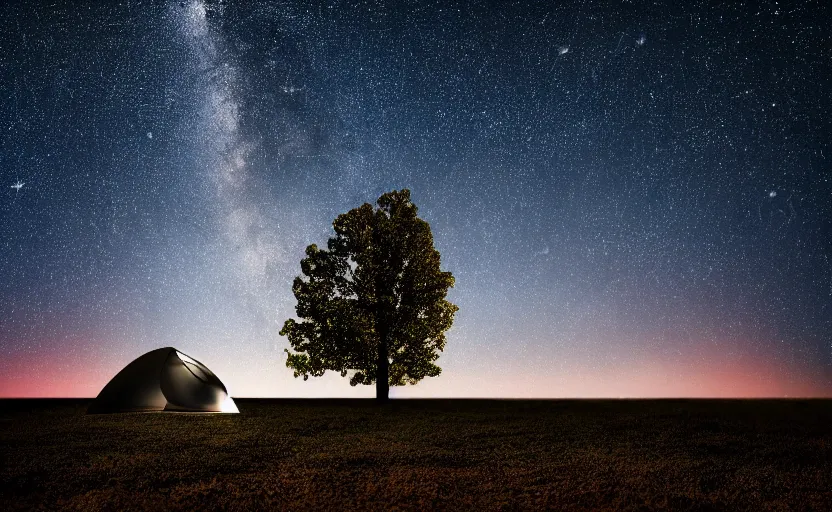 Image similar to photography of many stars at night with a tree in foreground and a tent, highly detailed, photorealistic