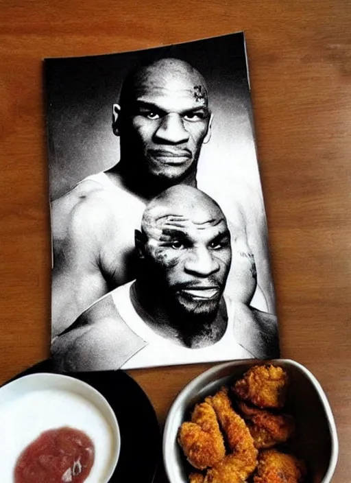 Prompt: fried chicken with mike tyson's face.