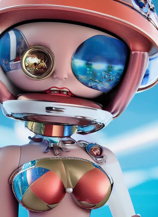 Prompt: closeup portrait of tin toy bikini spacegirl in a spaceship on venus, depth of field, zeiss lens, detailed, symmetrical, centered, fashion photoshoot, by nicoletta ceccoli, mark ryden, lostfish, breathtaking, 8 k resolution, extremely detailed, beautiful, establishing shot, artistic, hyperrealistic, octane render