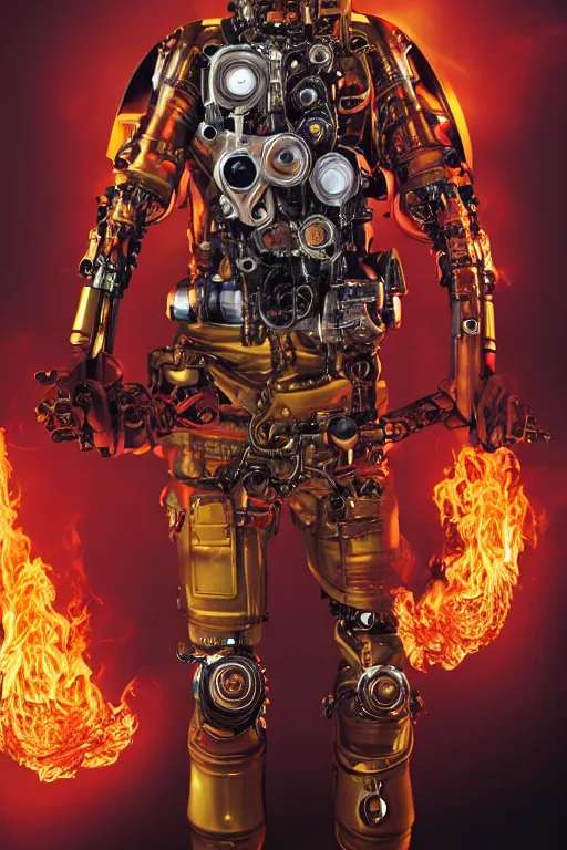 Image similar to a beautiful ultra detailed fine art portrait of a futuristic mechanical cybernetic fireman cyborg against backdrop of flames fire, by tom bagshaw and anna dittman, firefighter outfit uniform, flying amber, studio lighting, firefighter, golden ratio composition, 3 5 mm lens, cybernetic scifi, deep depth of field, artstation, 8 k