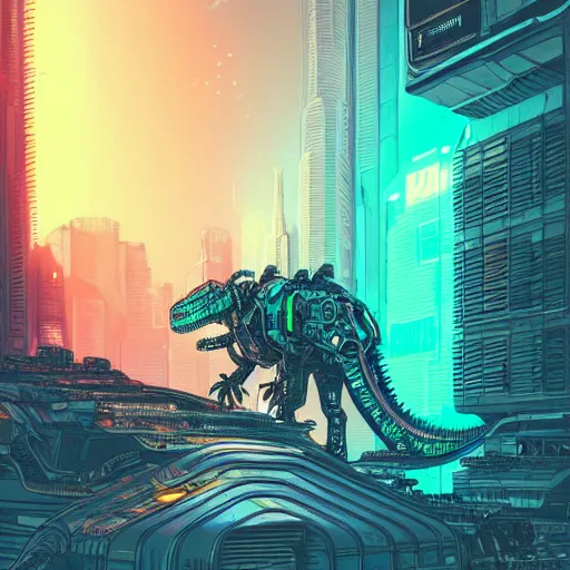 Image similar to beautiful detailed comic illustration, mecha dinosaur fractals, cyberpunk, neon