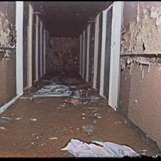 Prompt: vhs footage of a creepy basement with a plastic bag filled with blood lying on the decrepit concrete floor, found footage