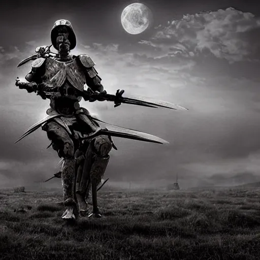 Prompt: a haunting Digital art of a tired spartan soldier riding a skeleton horse on the battlefield in the style of photo-realistic , acrylic, bleak, moonlight, detailed, dark, ominous, threatening, haunting, forbidding, gloomy,stormy, doom, apocalyptic,sinister, shadowy, ghostly,unnerving, harrowing, dreadful ,frightful, shocking, terror, hideous, ghastly, terrifying