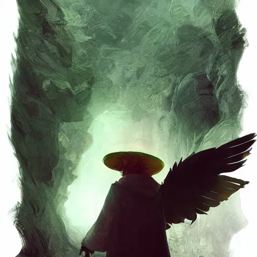 Image similar to snufkin with angel wings, heaven, digital illustration portrait design, by android jones and greg rutkowski, retrowave color scheme, detailed, cinematic lighting, wide angle action dynamic portrait