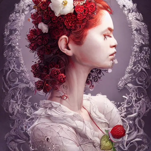 Image similar to the portrait of an absurdly beautiful, graceful, elegant, sophisticated, fashionable young woman made of strawberries and white petals looking down, an ultrafine hyperdetailed illustration by kim jung gi, irakli nadar, intricate linework, bright colors, octopath traveler, final fantasy, unreal engine 5 highly rendered, global illumination, radiant light, detailed and intricate environment