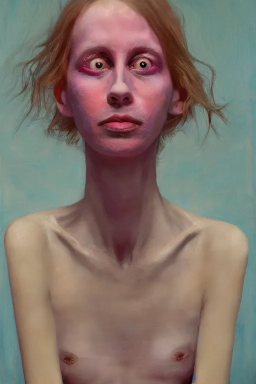 Image similar to todd solondz, a portrait of anorexic todd solondz, clear todd solondz face, dreaming of kissing a girl, sad and lonley, vivid colors, soft lighting, atmospheric, cinematic, moody, in the style of jenni saville and krenz cushart, oil on canvas, 8 k