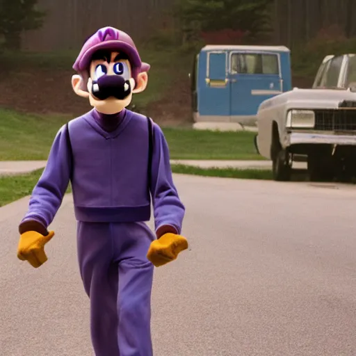 Prompt: a film still of waluigi in stranger things