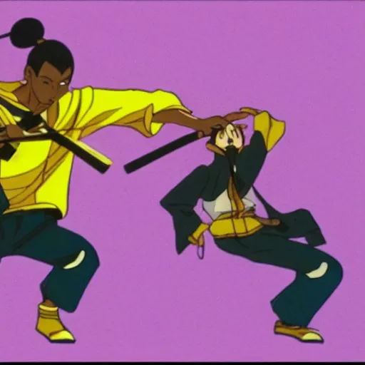 Prompt: The Wu-Tang Can doing kung-fu in the Bronx in the style of Kill Bill and anime, cel shaded hand drawn animation, studio Ghibli.