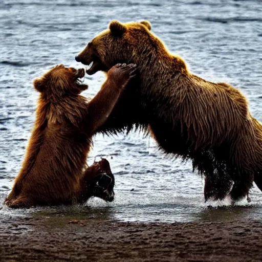 Image similar to a brown bear fighting a lion, professional nature photography, 8k, top image of all time on /r/natureismetal subreddit