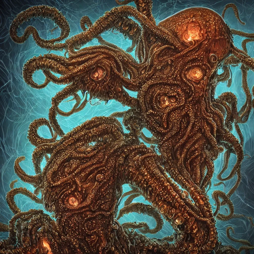 Image similar to close-up macro portrait of a Cthulhu and other fantastical sea creatures, epic angle and pose, ribcage bones symmetrical artwork, 3d with depth of field, blurred background, cybernetic jellyfish female face skull phoenix bird, translucent, nautilus, energy flows of water and fire. a highly detailed epic cinematic concept art CG render. made in Maya, Blender and Photoshop, octane render, excellent composition, cinematic dystopian brutalist atmosphere, dynamic dramatic cinematic lighting, aesthetic, very inspirational, arthouse. Greg Rutkowski, Ilya Kuvshinov, WLOP, Stanley Artgerm Lau, Ruan Jia and Fenghua Zhong