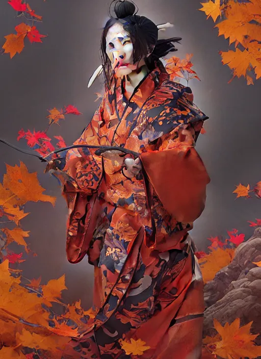 Image similar to tengu in autumn color kimono with art nouveau swirls, subsurface scattering, by jesper ejsing, justin gerard, tomasz alen kopera, cgsociety and fenghua zhong, highly detailed, rim light, cinematic lighting, illustration, art, octane render, very coherent, cinematic, hyper realism, high detail, octane render, 8 k