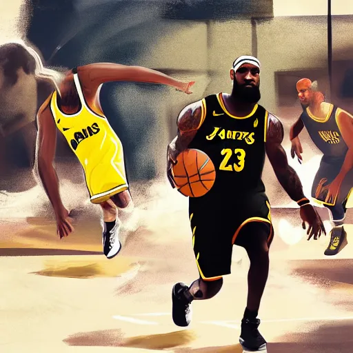 Prompt: lebron james playing basketball in the street with young boys, photorealistic, dynamic light, cinematic, ultra detailed