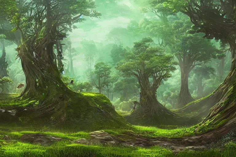 Prompt: green themed mechanical forest landscape, meteor shower, epic, miyazaki style, cinematic, indie, highly detailed, featured on artstation, highly detailed, abstract