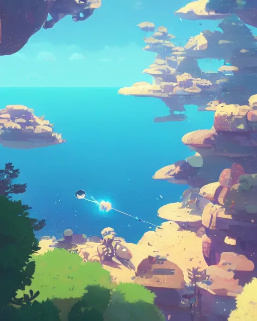 Image similar to a rock needle shooting out of the deep blue ocean, lush vegetation, glowing light, cory loftis, james gilleard, atey ghailan, makoto shinkai, goro fujita, studio ghibli, rim light, exquisite lighting, clear focus, very coherent, plain background, soft painting