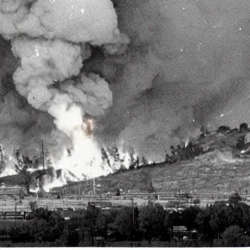 Image similar to 1 9 9 0 s newspaper photo of a burning suburban neighborhood with an explosion in the background.