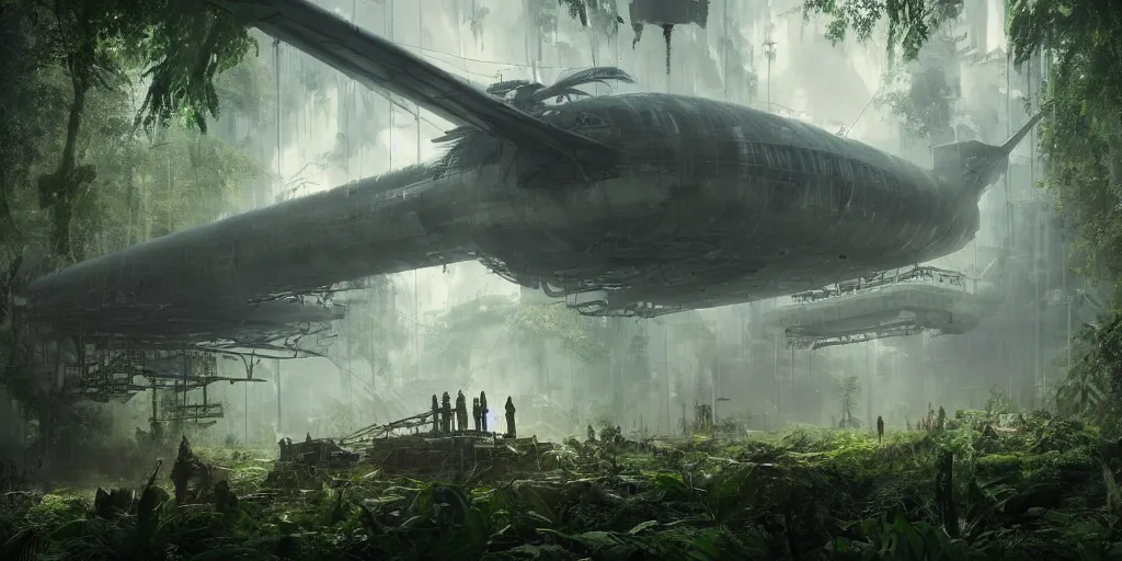 Prompt: airship cyberpunk cinematic masterpiece matte painting, industrial maintenance shuttle vehicle vast botanical gardens, forest, jungle, fps, cinematography, photo, photography, 4 k, by greg rutkowski, roger deakins