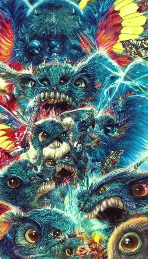 Image similar to gremlins vs mothra art by Noriyoshi Ohrai and Lisa Frank