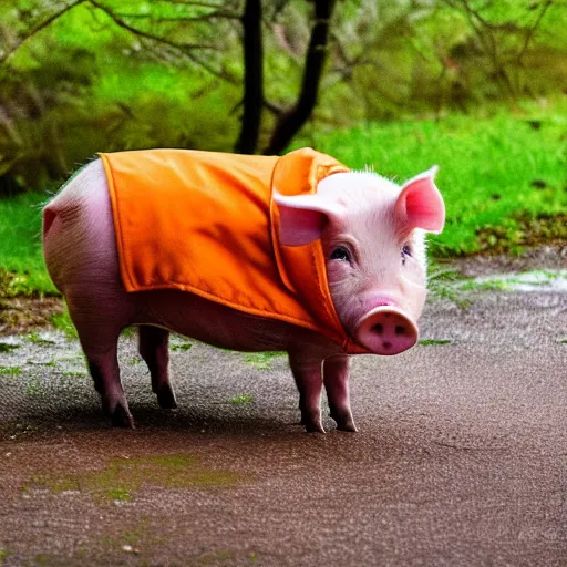 Prompt: cute pig in a green raincoat, photograph