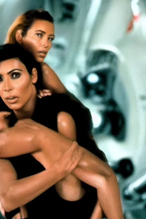 Image similar to film still of kim kardashian in the movie Alien, xenomorph holding kim in a chokehold, kim unconscious, cinematic shot, 4k.