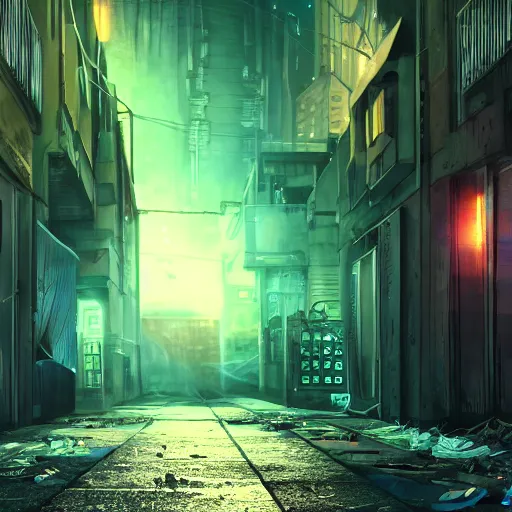 Prompt: a cinematic frame of a dead end alleyway in a futuristic dystopian city, night time, littered with garbage, cold blue lighting, brutalist architecture, damp, cityscape, vanishing point perspective