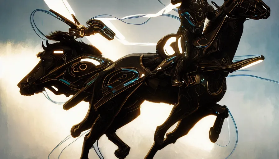 Image similar to tron legacy jesus riding cyborg horse, face, diffuse lighting, hyper realistic, concept art, intricate, hyper detailed, smooth, sharp focus, illustration, trending on artstation, art by greg rutkowski and james gurney and alphonse mucha