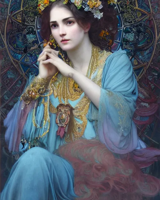 Prompt: a beautiful intricate exquisite imaginative exciting northern classical close up portrait of angel of wisdom sitting with elegant looks, ornate flowing robe, magical intricate and holy by ruan jia, tom bagshaw, alphonse mucha, krenz cushart, beautiful palace ruins in the background, epic sky, vray render, artstation, deviantart, pinterest, 5 0 0 px models