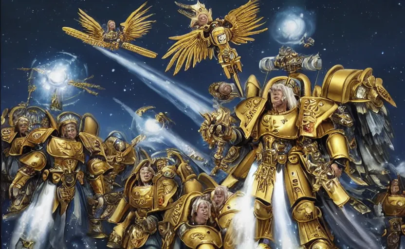 Image similar to the golden primarch of the emperor with angelic wings leading space marines into war, warhammer 40k anime