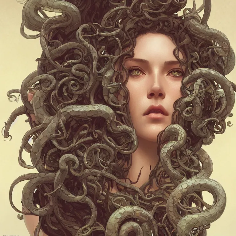 Image similar to a portrait of medusa, headshot, highly detailed, digital painting, artstation, concept art, sharp focus, cinematic lighting, illustration, art by artgerm and greg rutkowski, alphonse mucha, cgsociety