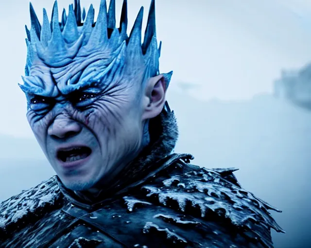 Image similar to ugly - cryer crying ice tears justin sun as night king in game of thrones, stunning tears made of ice, crimson - black bee army behind, 4 k, epic, cinematic, focus, movie still, fantasy, extreme detail, atmospheric, dark colour, sharp focus