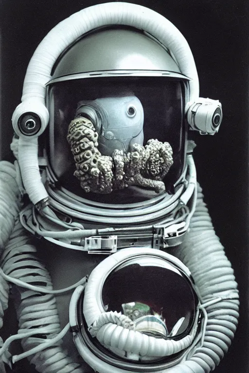 Image similar to extremely detailed studio portrait of space astronaut, alien tentacle protruding from eyes and mouth, slimy tentacle breaking through helmet visor, shattered visor, full body, soft light, disturbing, shocking realization, award winning photo by diane arbus