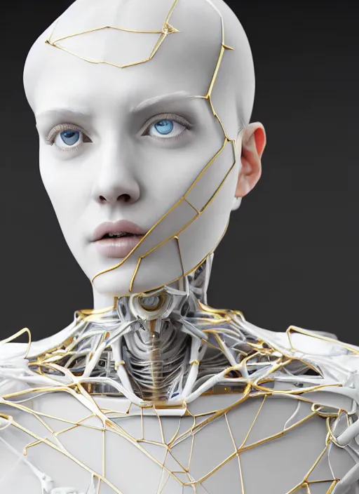 Prompt: a statue made of white marble with gold veins, of an beautiful gorgeous futuristic cybernetic angel girl, prostheses, transhumanism, full body shot, perfect symmetrical body, perfect symmetrical face, hyper realistic, hyper detailed, by johannen voss, by peter kemp, by monia merlo, by michelangelo, octane render, blender, 8 k