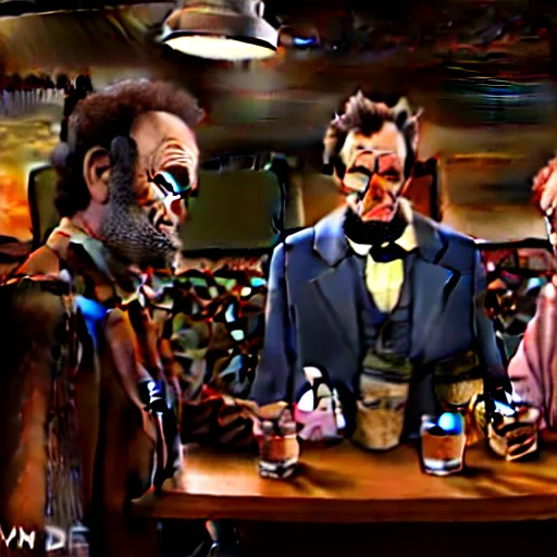 Image similar to The It's Always Sunny in Philadelphia episode where the gang meets Abe Lincoln Dee is there with Mac and so is Dennis they are at the bar, photo realistic, studio lighting